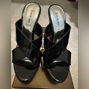 BEBE size 8.5 Black Patent Sandals